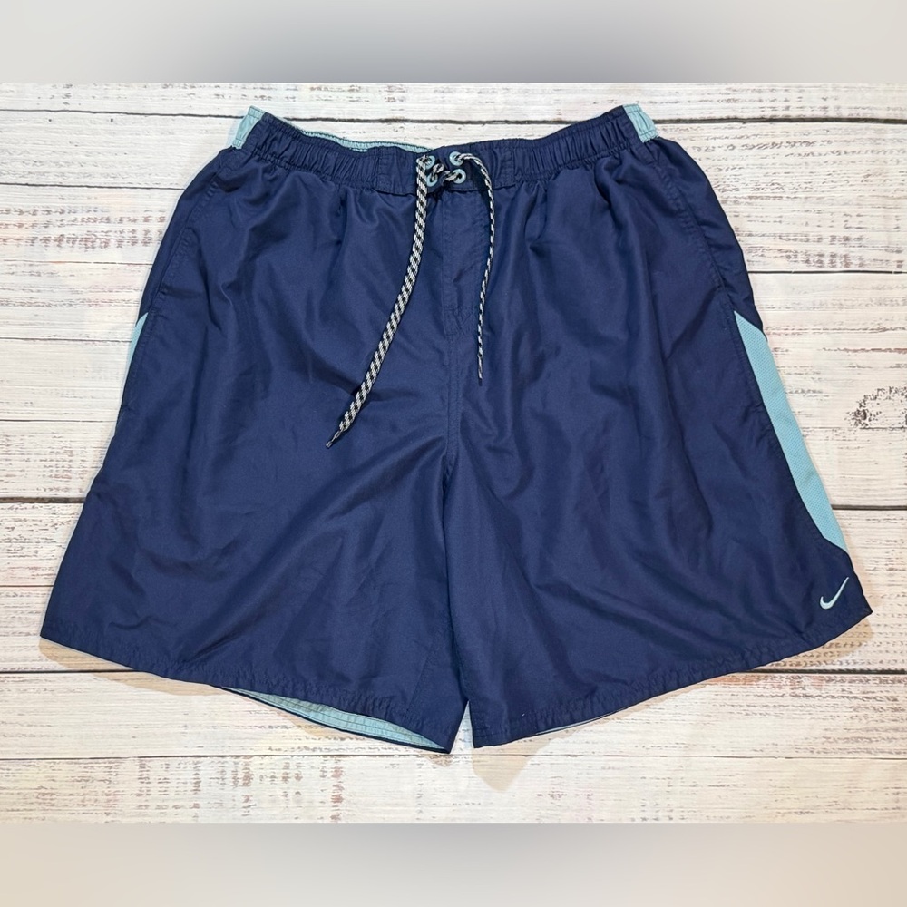 Nike Mens XXL Blue Swim Trunks Double Check Embroidered Logos Board Shorts Lined